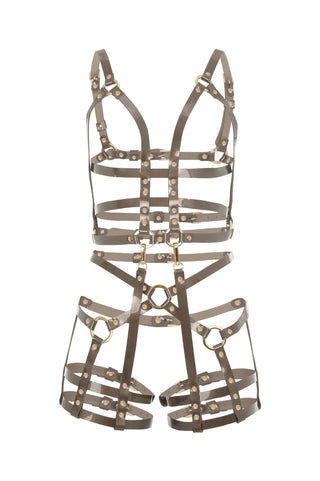 Thin-Strap Harness with Stocking Suspenders "PHANTOM" Beige leather lingerie - Dr.Harness Lingerie & Leather - 6