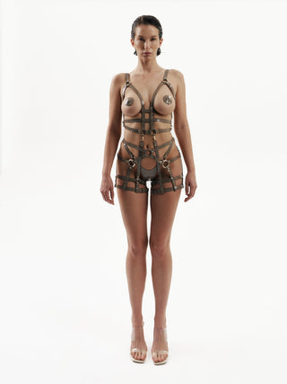 Thin-Strap Harness with Stocking Suspenders "PHANTOM" Beige leather lingerie - Dr.Harness Lingerie & Leather - 1