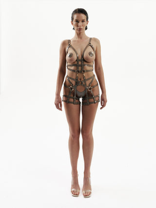 Thin-Strap Harness with Stocking Suspenders "PHANTOM" Beige leather lingerie - Dr.Harness Lingerie & Leather - 3