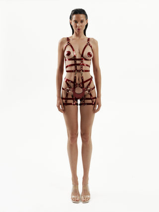 Thin-Strap Harness with Stocking Suspenders "PHANTOM" Red leather lingerie - Dr.Harness Lingerie & Leather - 1
