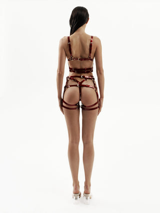 Thin-Strap Harness with Stocking Suspenders "PHANTOM" Red leather lingerie - Dr.Harness Lingerie & Leather - 2