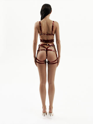 Thin-Strap Harness with Stocking Suspenders "PHANTOM" Red leather lingerie - Dr.Harness Lingerie & Leather - 3